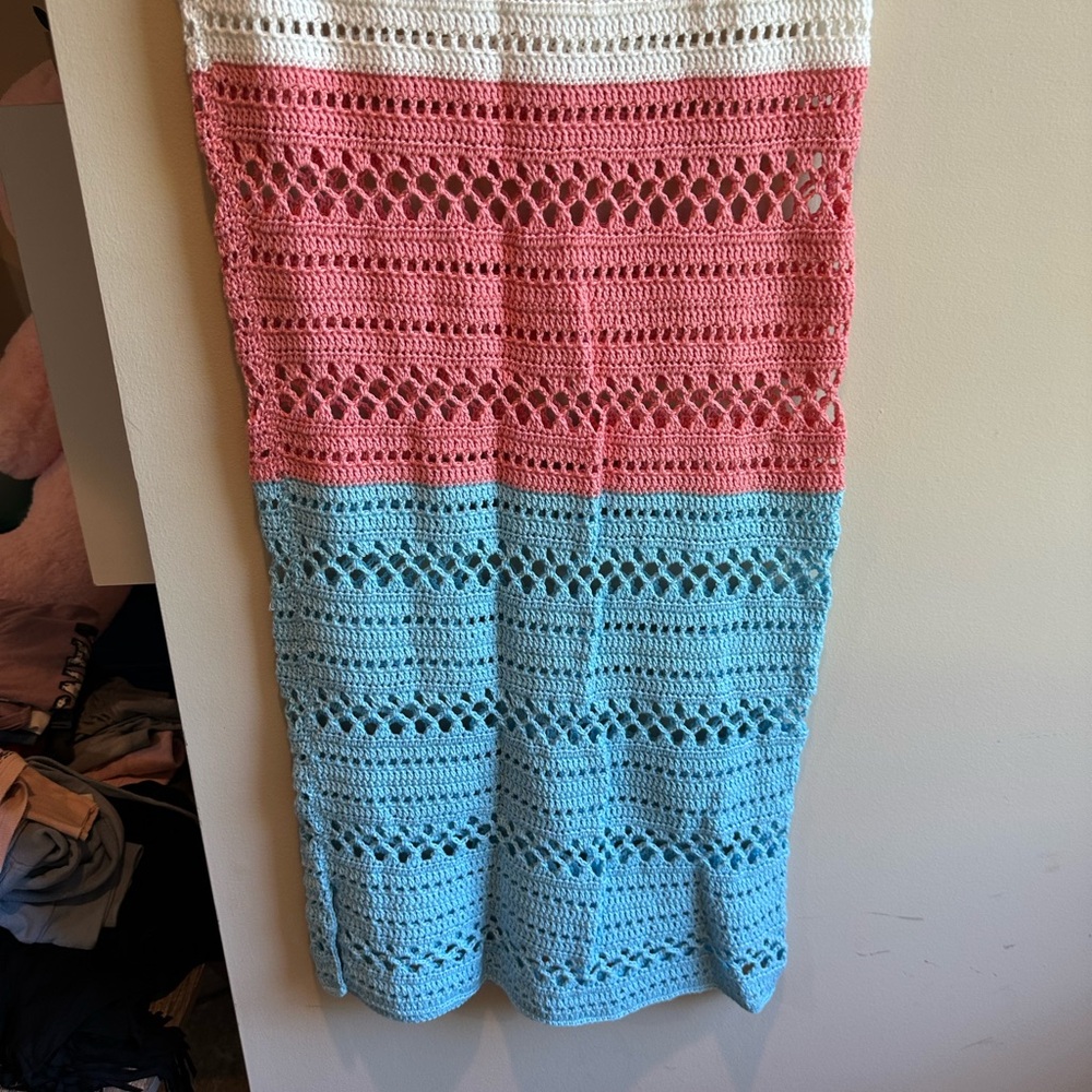 Crochet Striped Dress in White, Pink, and Blue - Picture 6 of 13
